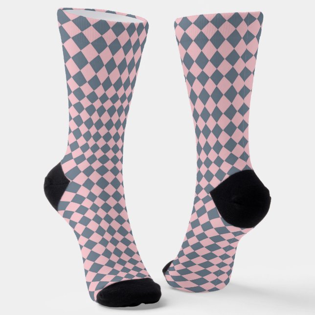 Pink Gray Checker Diamond Pattern Socks (Angled)