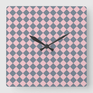 Pink Gray Checker Diamond Pattern Square Wall Clock