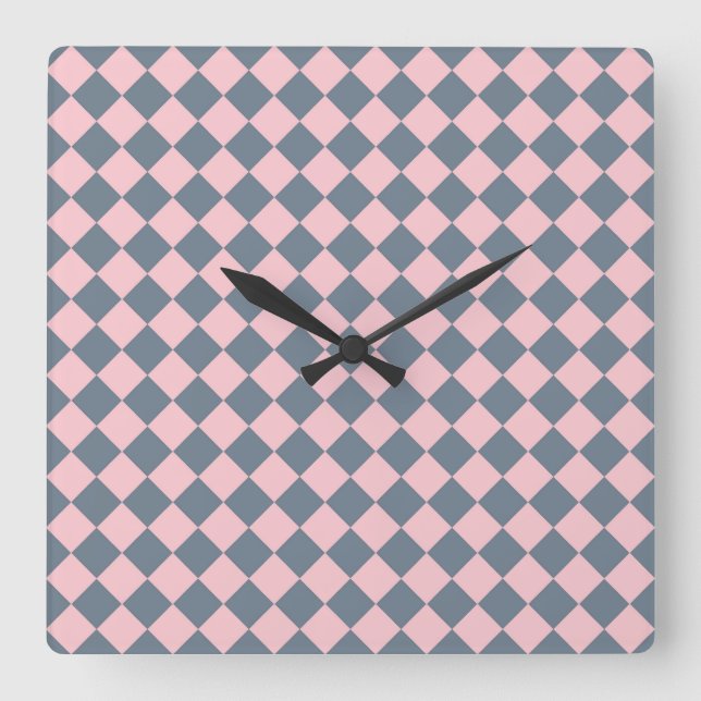 Pink Gray Checker Diamond Pattern Square Wall Clock (Front)