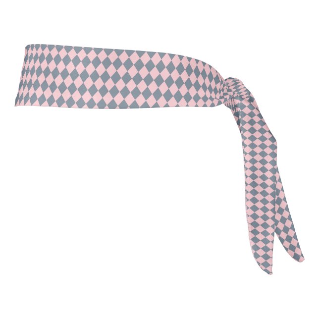 Pink Gray Checker Diamond Pattern Tie Headband (Rotate 90)