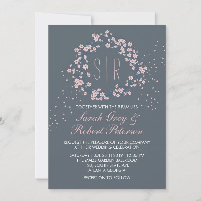 Pink Gray Cherry Blossom Floral Wedding Invitation (Front)