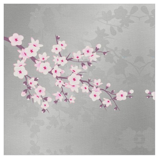 Pink Gray Cherry Blossoms Pattern Fabric