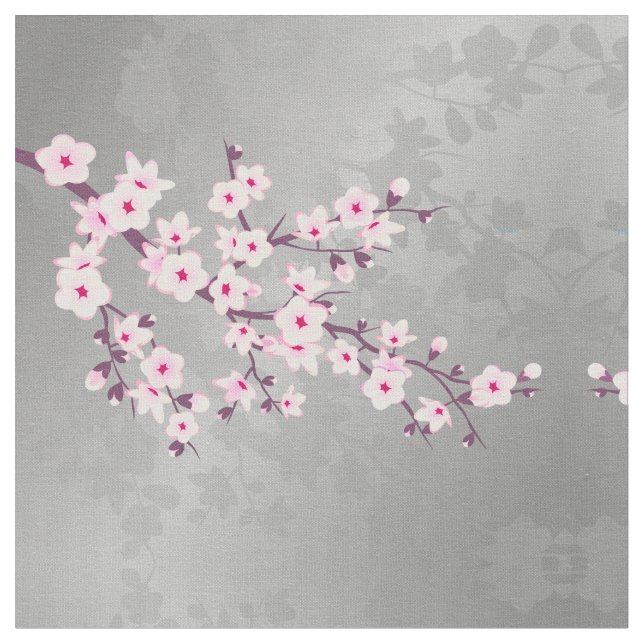 Pink Gray Cherry Blossoms Pattern Fabric (Close Up)