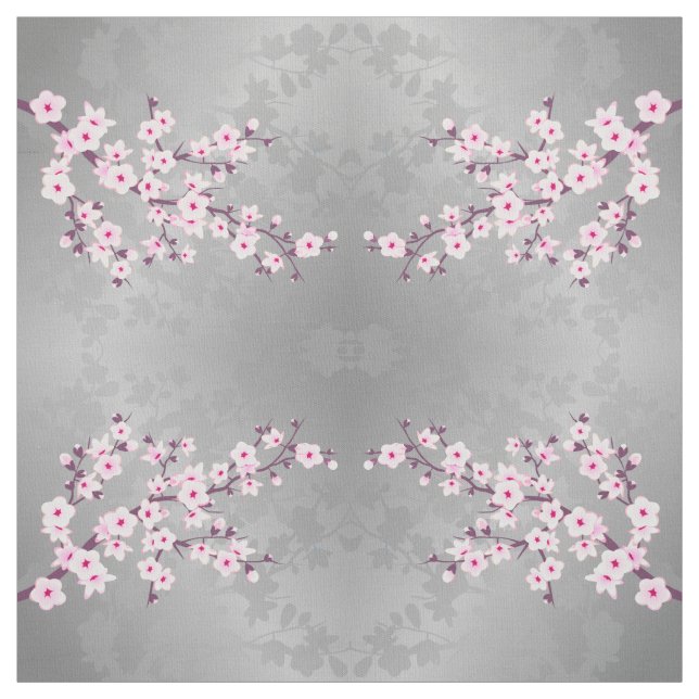 Pink Gray Cherry Blossoms Pattern Fabric (Swatch)