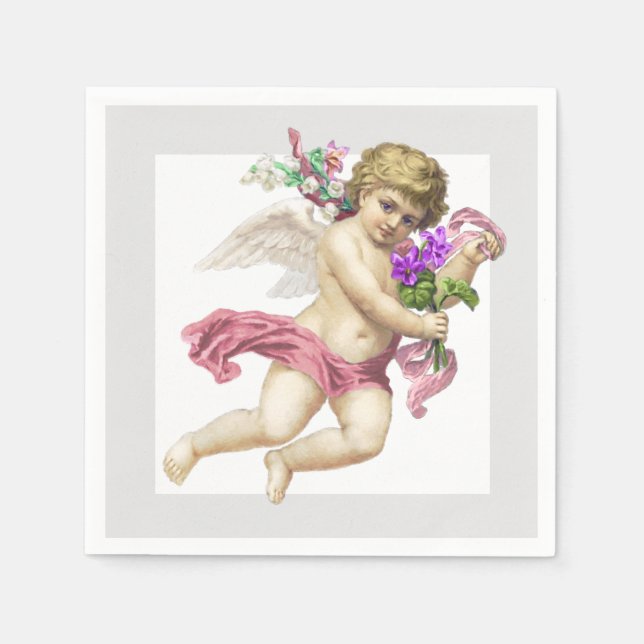 Pink Gray Cherub Angel Paper Napkin (Front)
