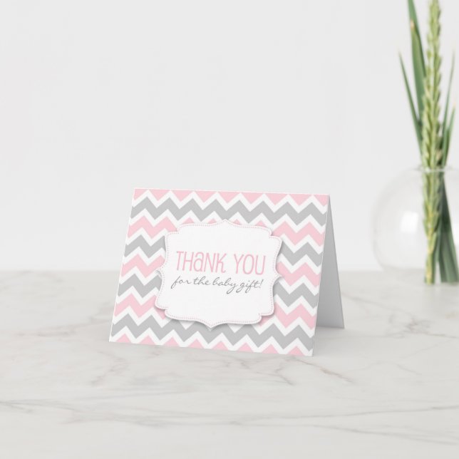 Pink Gray Chevron Baby Shower thank you notes (Front)