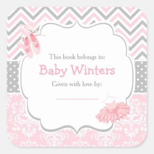 PinkGray Chevron Ballerina Baby Shower Bookplate