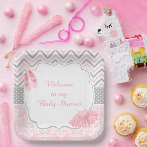 Pink  Gray Chevron Ballerina Baby Shower Paper Plates