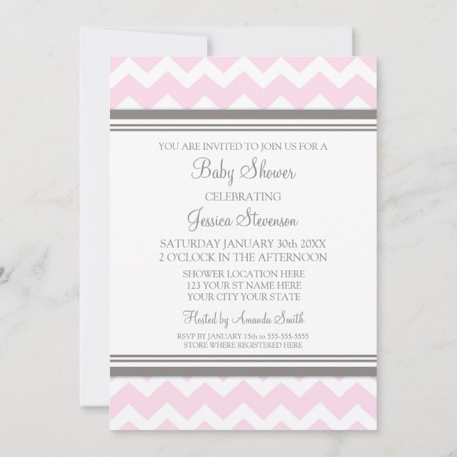 Pink Gray Chevron Custom Baby Shower Invitations (Back)