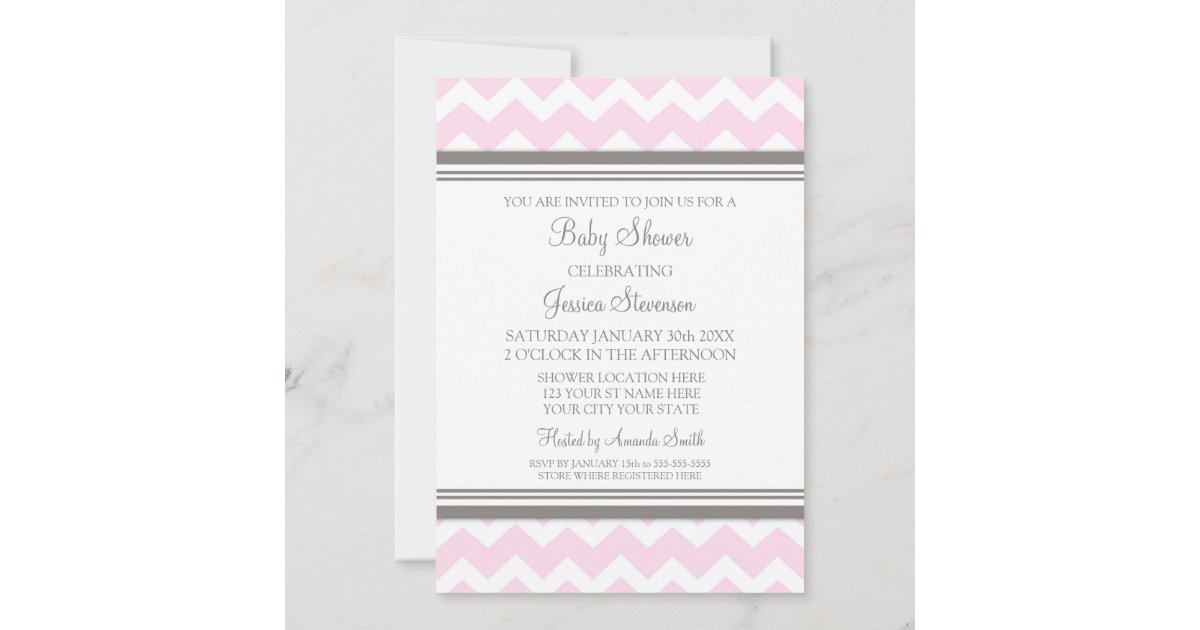 Pink Gray Chevron Custom Baby Shower Invitations | Zazzle