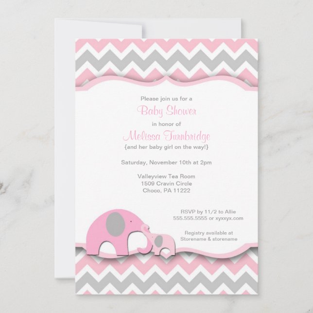 Pink & Gray Chevron Elephants Baby Shower Invites (Front)