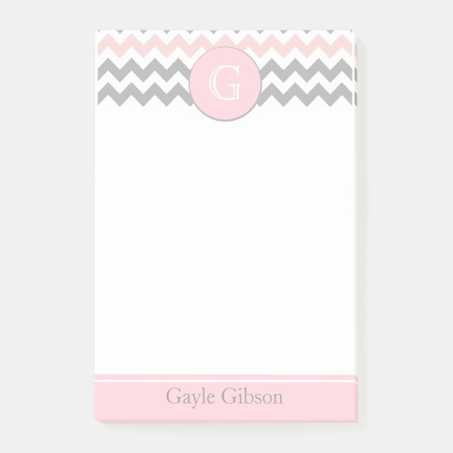 Pink Gray Chevron Monogram Post-it® Notes (Front)