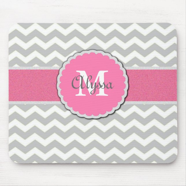 Pink Gray Chevron Personalized Mousepad (Front)