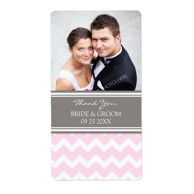 Pink Gray Chevron Photo Wedding Labels (Front)