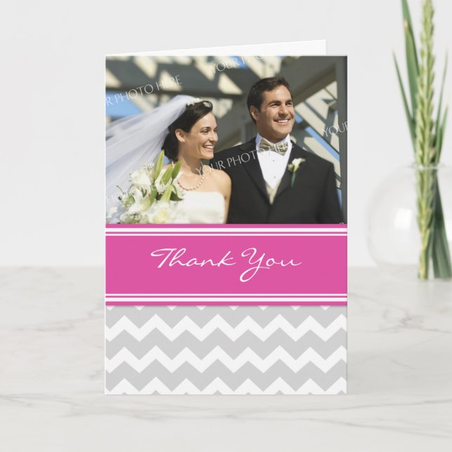 Pink Gray Chevron Photo Wedding Thank You Card (Front)
