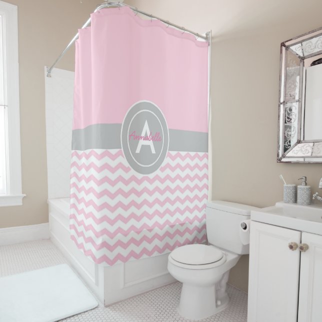 Pink Gray Chevron Shower Curtain (In Situ)