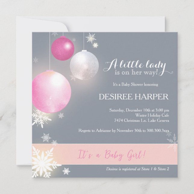 Pink & Gray Christmas Baby Girl Shower Invitation (Front)