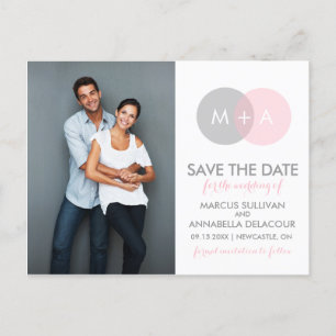 Pink & Gray Circle Monogram Save the Date Postcard