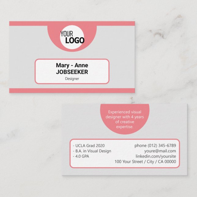Pink Gray Classic Job Seeker Creative with Logo Business Card (Front/Back)