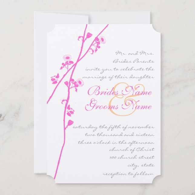 Pink, Gray & Coral Flower Branch Wedding Invites (Back)