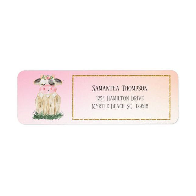 Pink Gray Cow Fence Gold Glitter Address Label (Front)
