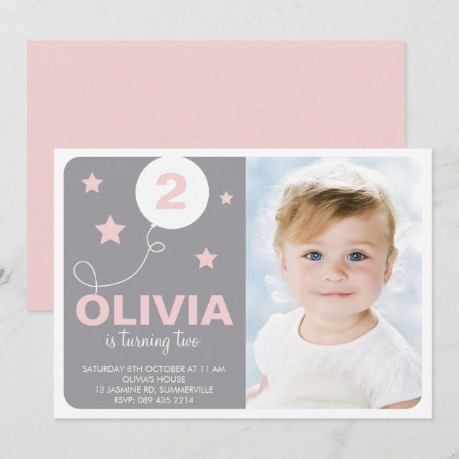Pink & Gray Cute Dreamer Kids Photo Birthday Invitation (Front/Back)