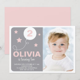 Pink & Gray Cute Dreamer Kids Photo Birthday Invitation