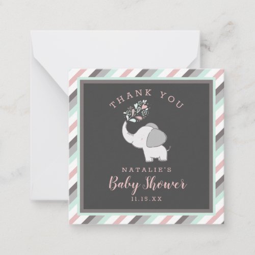 Pink  Gray Cute Elephant Baby Shower Thank You Note Card