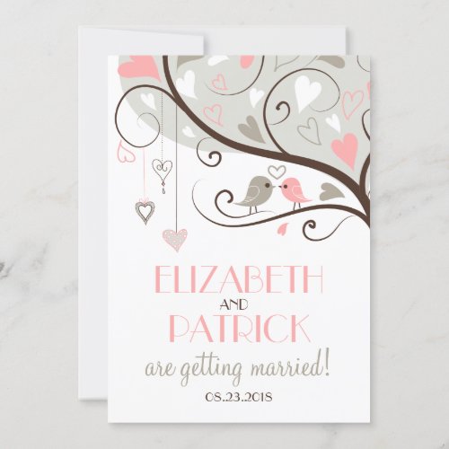 Pink  Gray  Cute Lovebirds Wedding Invitation