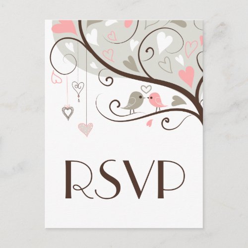 Pink  Gray  Cute Lovebirds Wedding RSVP Postcard