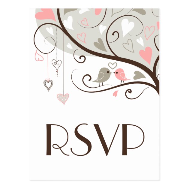 Pink & Gray | Cute Lovebirds Wedding RSVP Postcard
