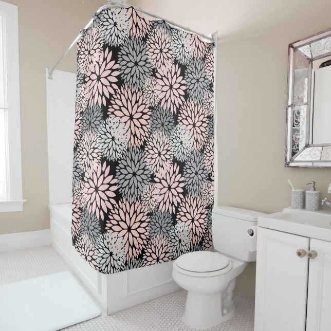 Pink Gray Dahlia Floral Pattern Shower Curtain (In Situ)