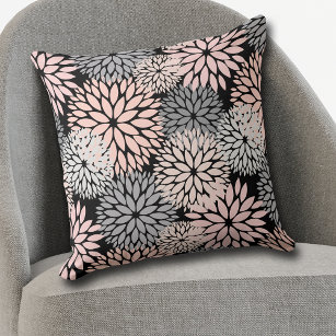 Pink Gray Dahlia Flower Pattern on Black Throw Pillow