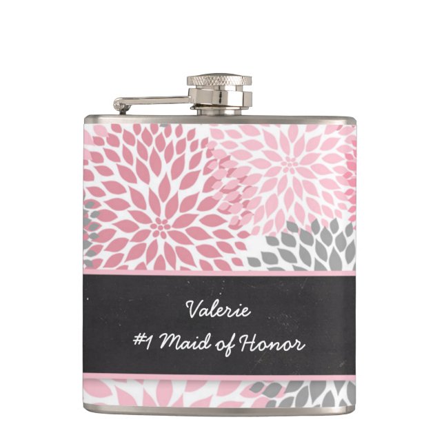 Pink Gray Dahlia Maid of Honor wedding party gift Hip Flask (Front)