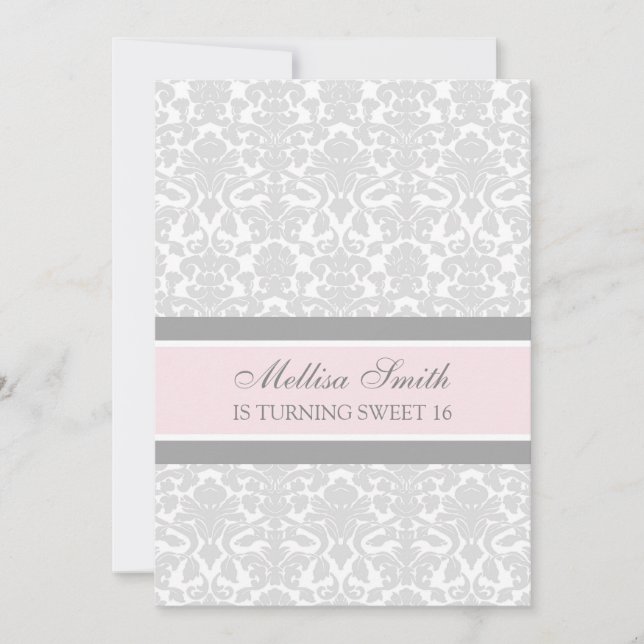 Pink Gray Damask 16th Bithday Party Invitation (Front)