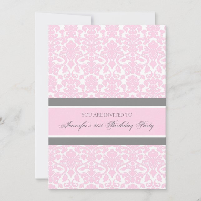 Pink Gray Damask 21st Birthday Party Invitations (Front)