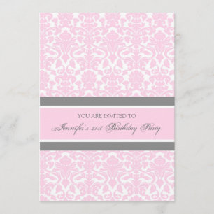 Pink Gray Damask 21st Birthday Party Invitations