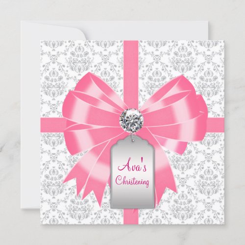 Pink Gray Damask Baby Girl Baptism Christening Personalized Invitations