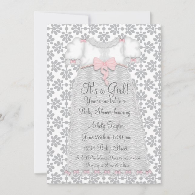Pink Gray Damask Baby Girl Shower Invitation (Front)