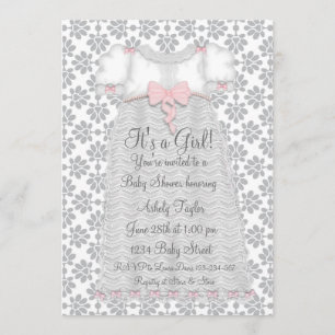 Pink Gray Damask Baby Girl Shower Invitation