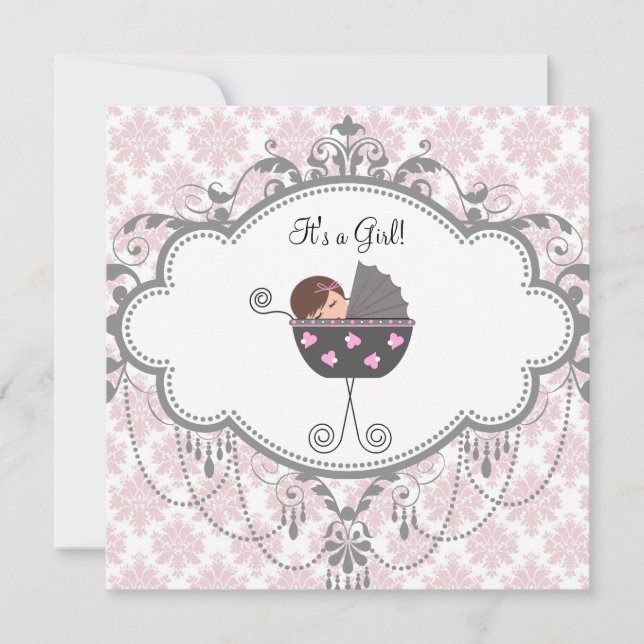 Pink Gray Damask Baby Girl Shower Invitations (Front)