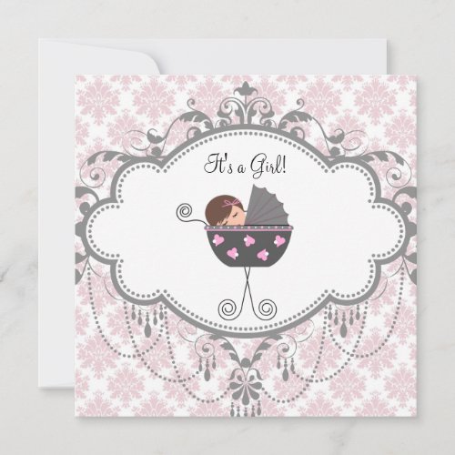 Pink Gray Damask Baby Girl Shower Invitations