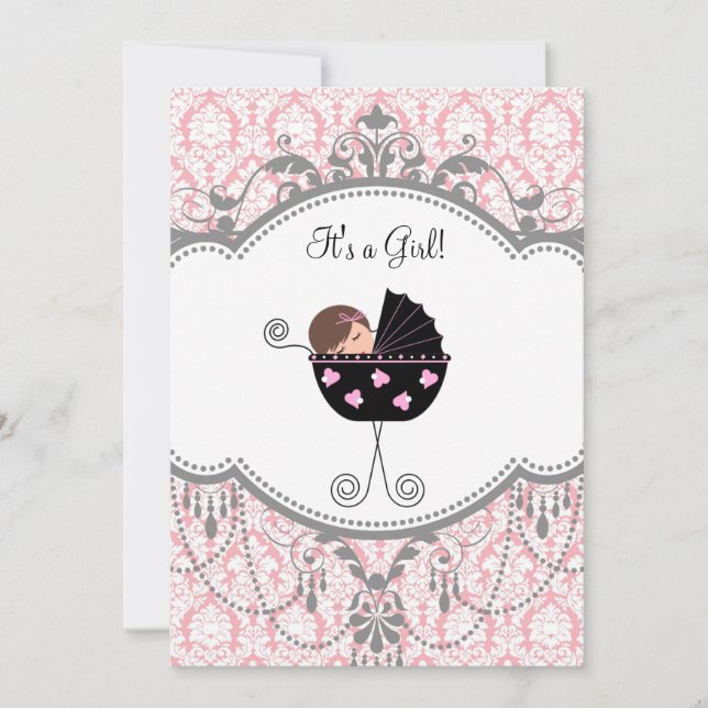 Pink Gray Damask Baby Girl Shower Invitations (Front)