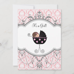 Pink Gray Damask Baby Girl Shower Invitations