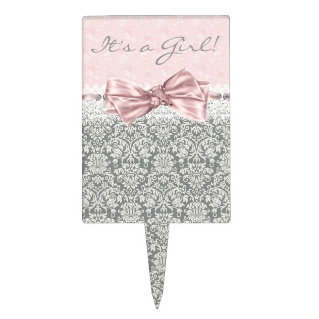 Pink Gray Damask Baby Shower Cake Topper (Front)
