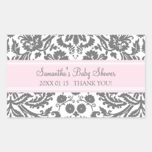 Pink Gray Damask Baby Shower Favor Stickers