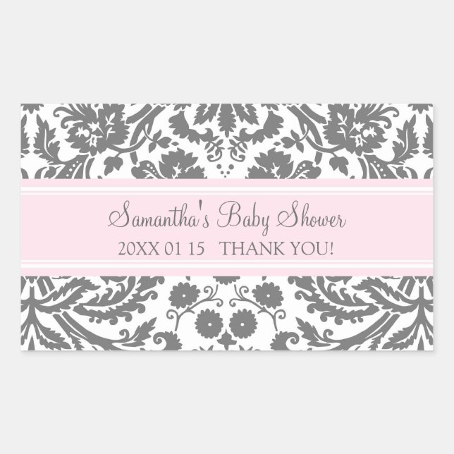 Pink Gray Damask Baby Shower Favor Stickers (Front)