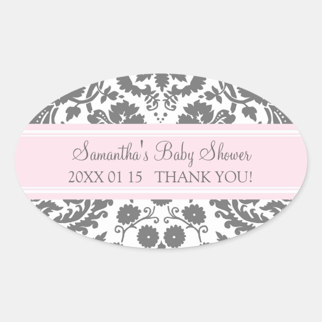 Pink Gray Damask Baby Shower Favor Stickers (Front)