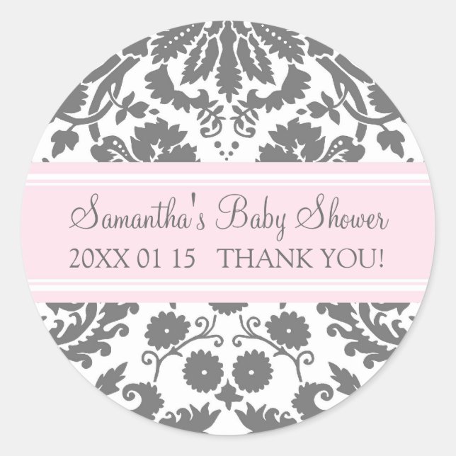 Pink Gray Damask Baby Shower Favor Stickers (Front)