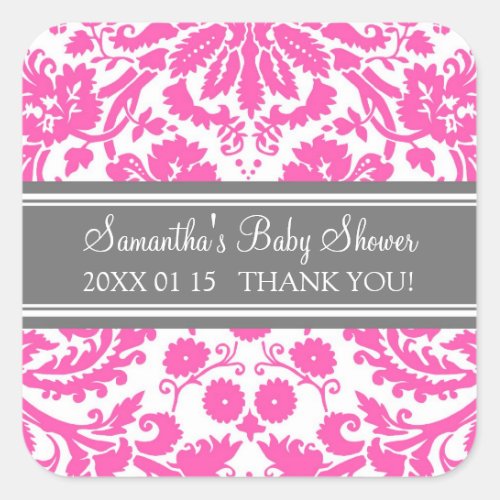 Pink Gray Damask Baby Shower Favor Stickers